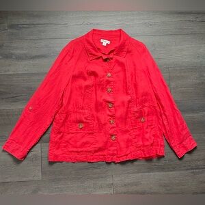 Coldwater Creek Womens Red Linen Shacket Roll Tab Sleeves Button Front Size 18